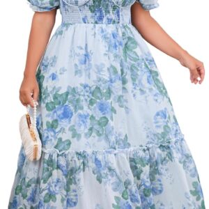 EYWOL Women's Plus Size Floral Maxi Dress Puff Sleeves Cottagecore Corset Dresses Flowy Smocked Formal Casual Party Wear